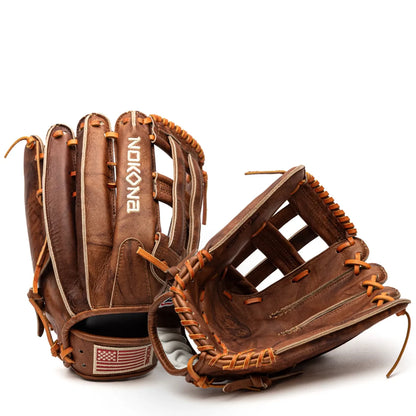 Two brown leather Nokona Walnut EP 13″ Baseball Glove: W-EP1300H baseball gloves with orange lacing and an American flag patch on the wrist strap.