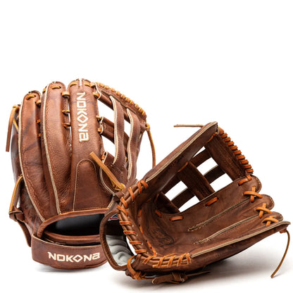 Two Nokona Walnut EP 13″ Fastpitch Glove: W-EP-V1300H softball gloves displayed from different angles.