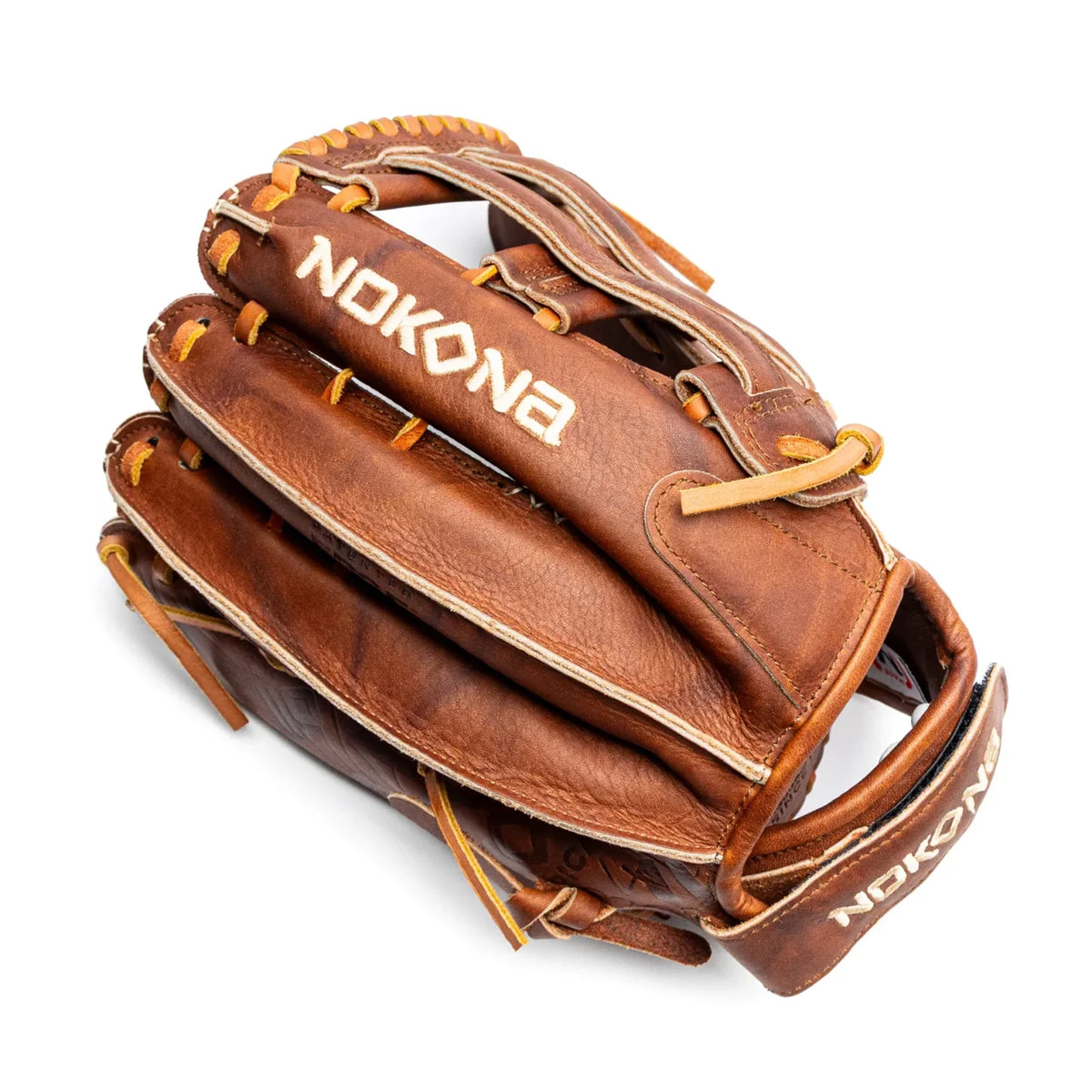 Nokona Walnut EP 13″ Fastpitch Glove: W-EP-V1300H in brown leather with yellow lacing and an H-web design.