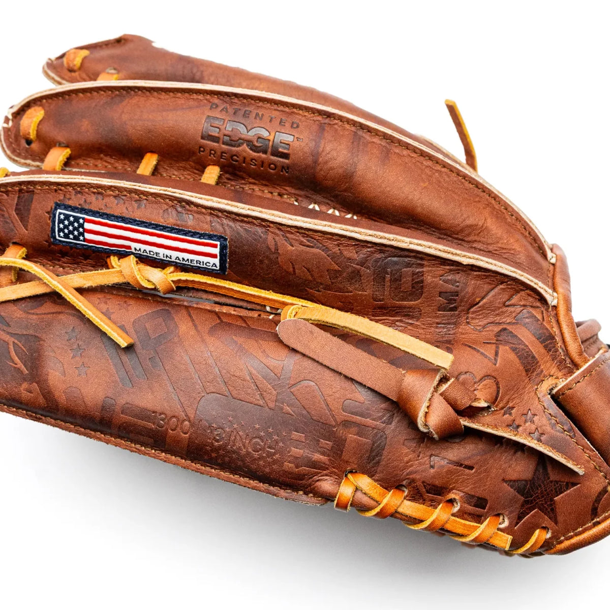 Brown leather Nokona Walnut EP 13″ Fastpitch Glove: W-EP-V1300H with lace detailing, an embossed pattern, and a Made in America flag patch on the side.