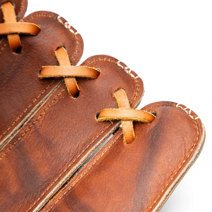 Close-up of the brown leather fingers of a Nokona Walnut EP 13″ Fastpitch Glove: W-EP-V1300H, showing tan lacing and white stitching.