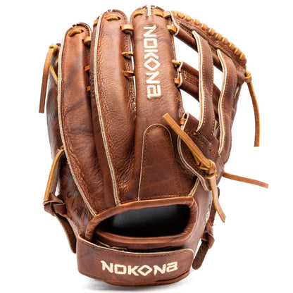 Nokona Walnut EP 13″ Fastpitch Glove: W-EP-V1300H in brown leather with a closed web and adjustable wrist strap.