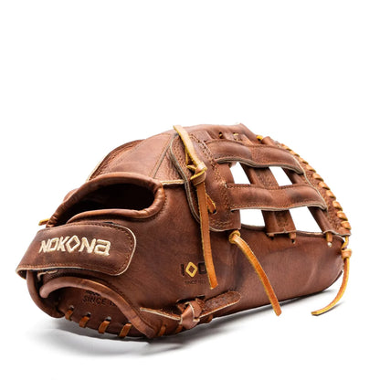 Nokona Walnut EP 13″ Fastpitch Glove: W-EP-V1300H featuring brown leather, an H-web design, and tan lacing.