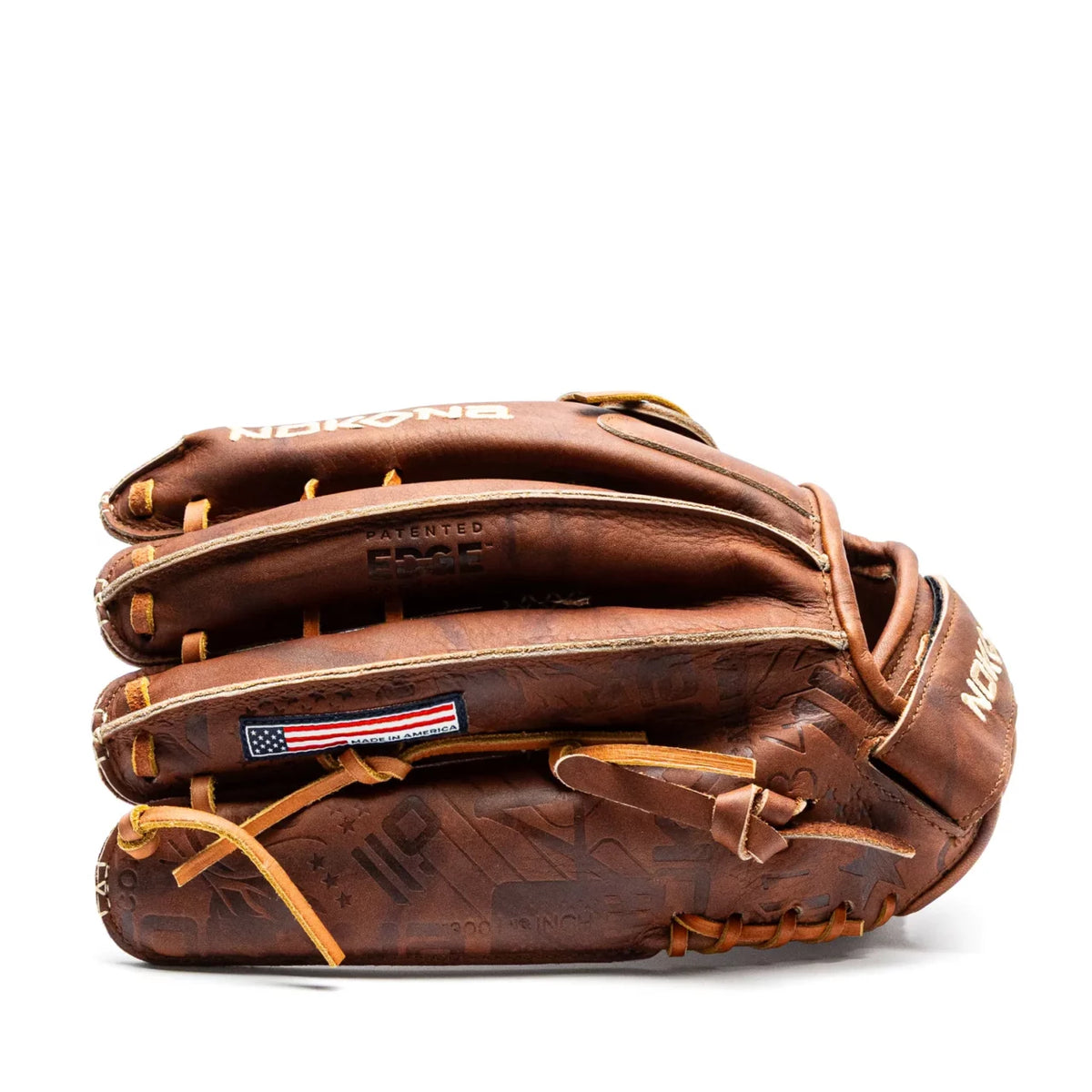 Brown Nokona Walnut EP 13″ Fastpitch Glove: W-EP-V1300H featuring tan laces, an H-web design, and a small American flag patch on the side.