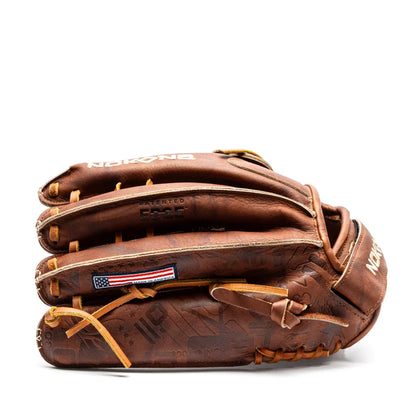 Brown Nokona Walnut EP 13″ Fastpitch Glove: W-EP-V1300H featuring tan laces, an H-web design, and a small American flag patch on the side.