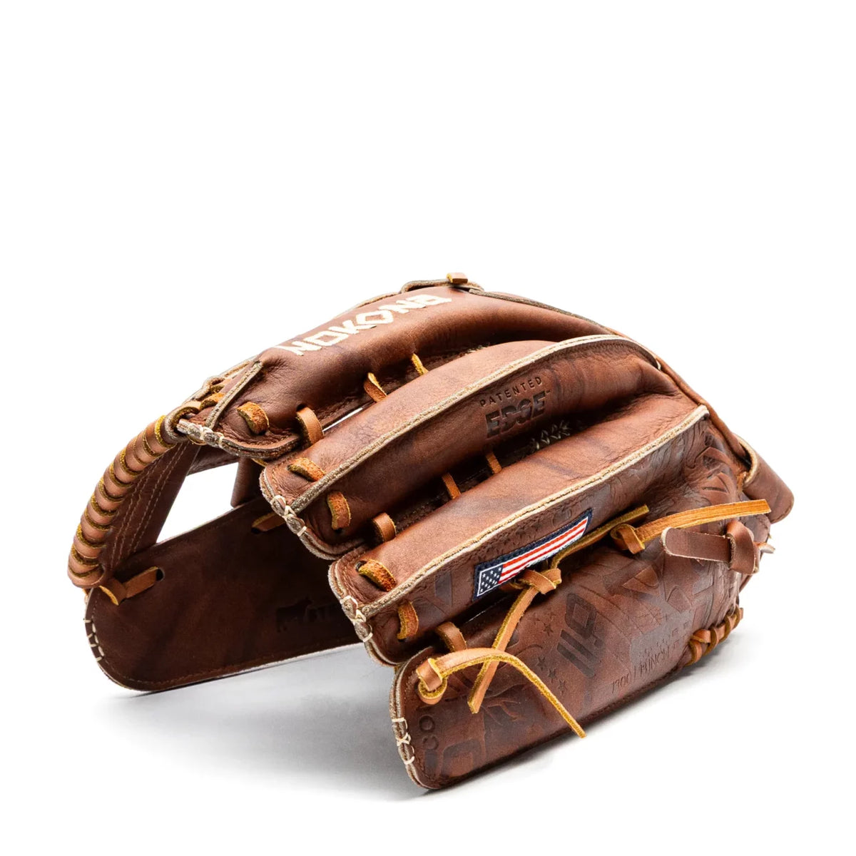 Nokona Walnut EP 13″ Fastpitch Glove: W-EP-V1300H in brown walnut leather with tan lacing, a 13″ H-web design, and a small American flag patch.