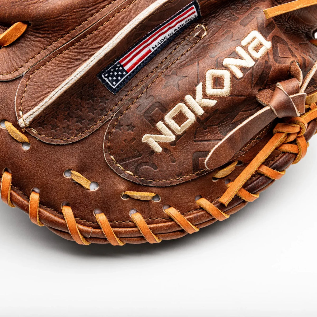 Nokona Walnut EP 33.5″ Baseball Catcher’s Mitt: W-EP3350 in brown leather with tan lacing and a Made in America flag patch.