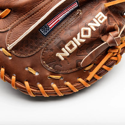 Nokona Walnut EP 33.5″ Baseball Catcher’s Mitt: W-EP3350 in brown leather with tan lacing and a Made in America flag patch.