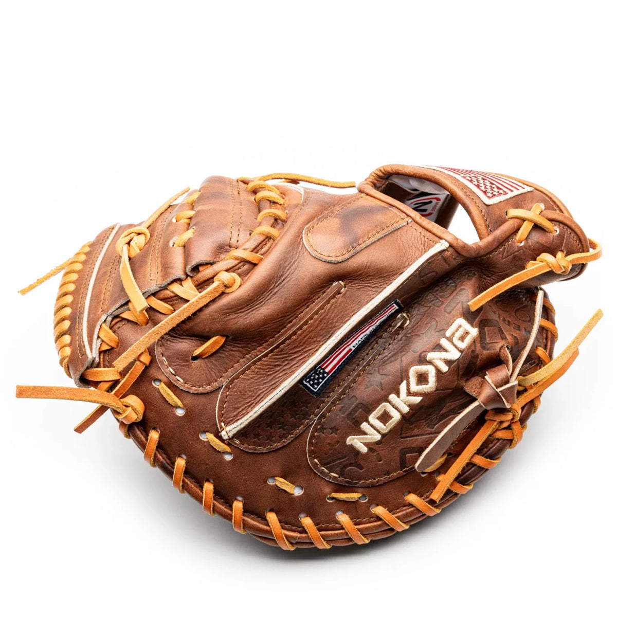 Nokona Walnut EP 33.5″ Baseball Catcher’s Mitt: W-EP3350 in brown Walnut Crunch leather, featuring tan lacing and small American flag patches.