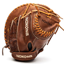 A brown Walnut Crunch Nokona Walnut EP 32.5″ Fastpitch Catcher’s Mitt: W-EPV3250 with tan rawhide lacing and Precision Edge construction.