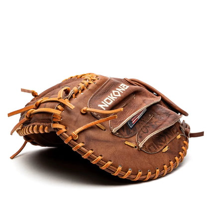 Nokona Walnut EP 32.5″ Fastpitch Catcher’s Mitt: W-EPV3250 in Brown Walnut Crunch leather featuring tan rawhide lacing and Precision Edge construction.