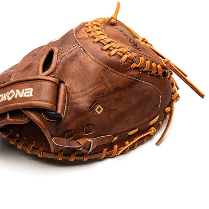 Nokona Walnut EP 32.5″ Fastpitch Catcher’s Mitt: W-EPV3250 in Brown Walnut Crunch leather with Precision Edge construction and tan rawhide lacing.