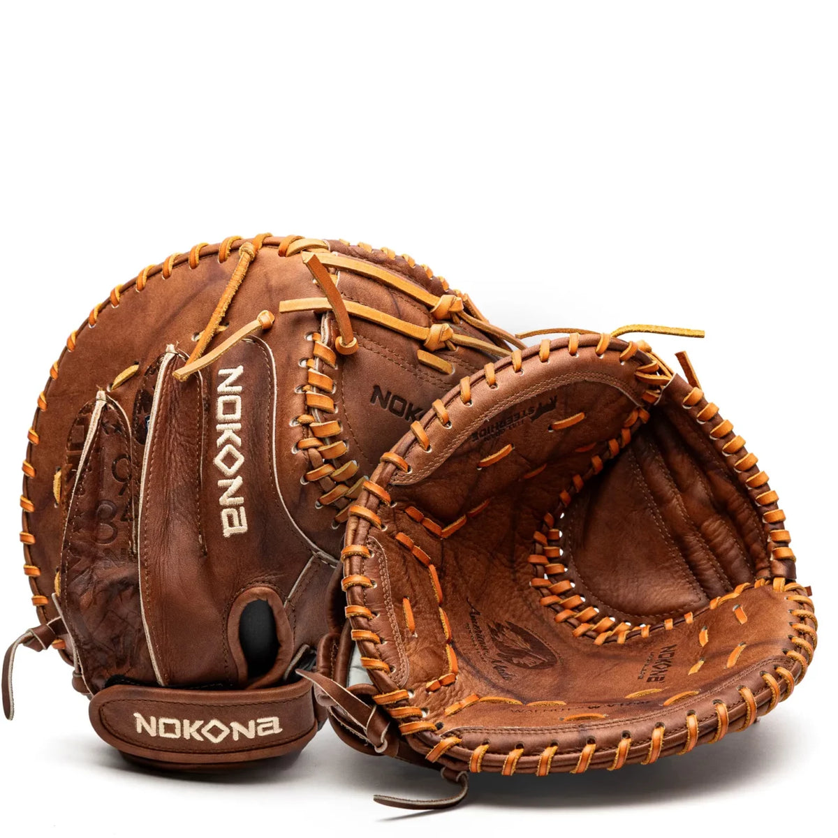 Nokona Walnut EP 32.5″ Fastpitch Catcher’s Mitt: W-EPV3250 in Brown Walnut Crunch leather with tan lacing and Precision Edge construction.