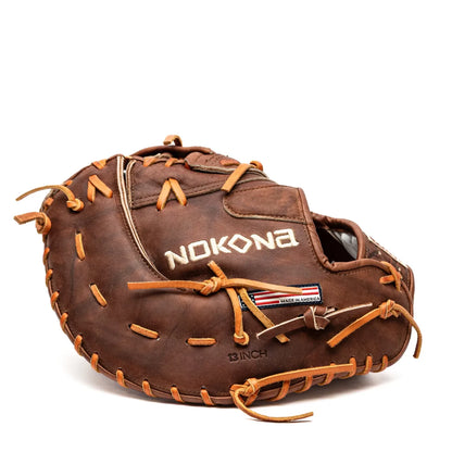 Nokona Walnut EP 13″ First Base Mitt: W-EPN70 in walnut crunch leather with light brown lacing and a Made in America flag patch.