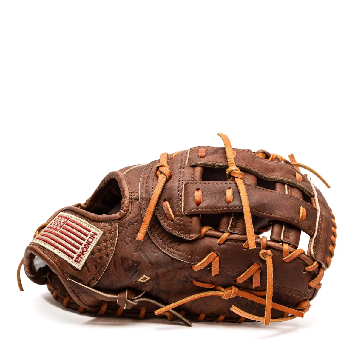 Nokona Walnut EP 13″ First Base Mitt: W-EPN70 in Walnut Crunch leather with tan lacing and a rectangular American flag patch on the wrist strap.