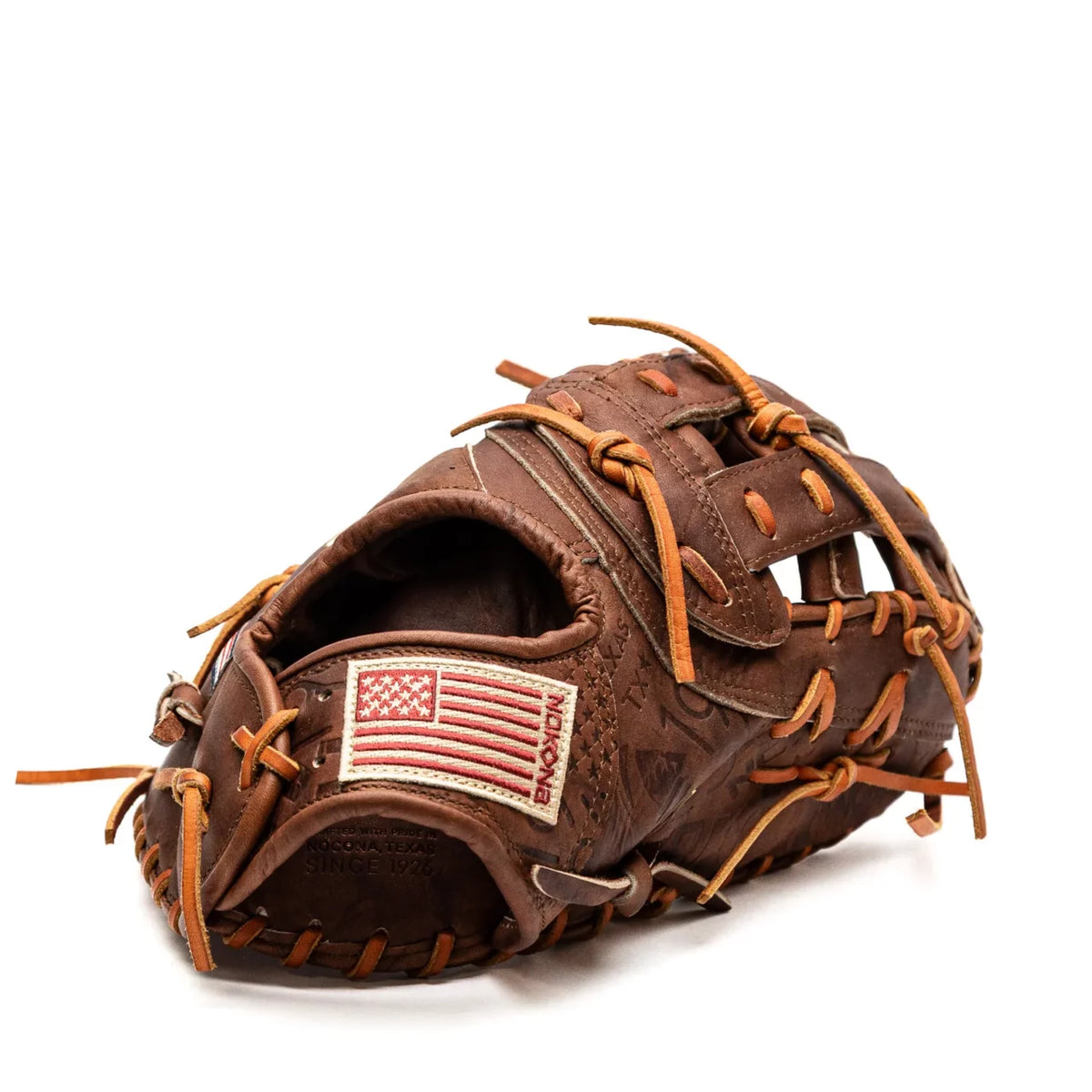 Nokona Walnut EP 13″ First Base Mitt: W-EPN70 in Walnut Crunch leather with tan lacing and a rectangular American flag patch on the wrist strap.