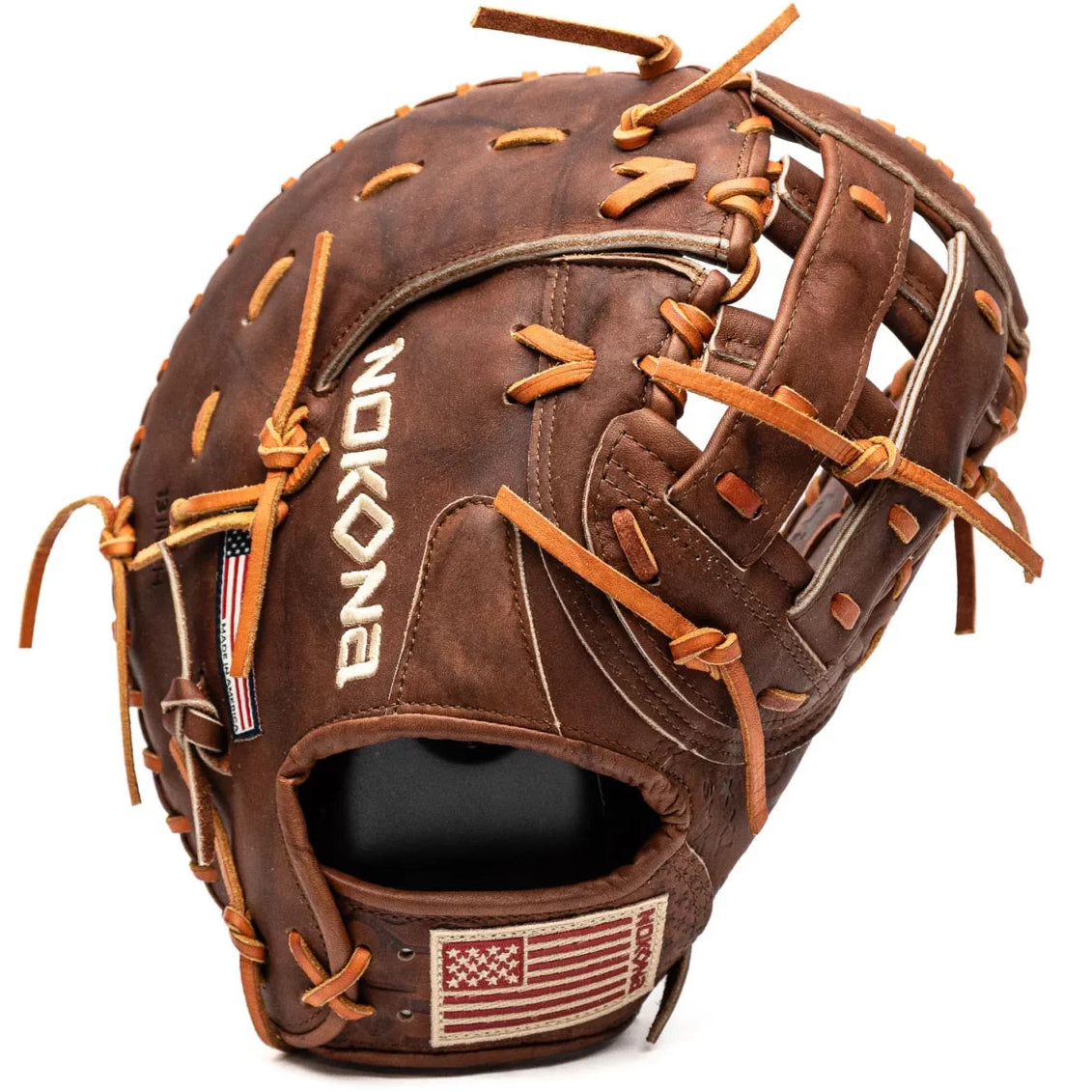 Nokona Walnut EP 13″ Baseball First Base Mitt: W-EPN70 in Walnut Crunch leather with lace-up webbing and American flag patches.