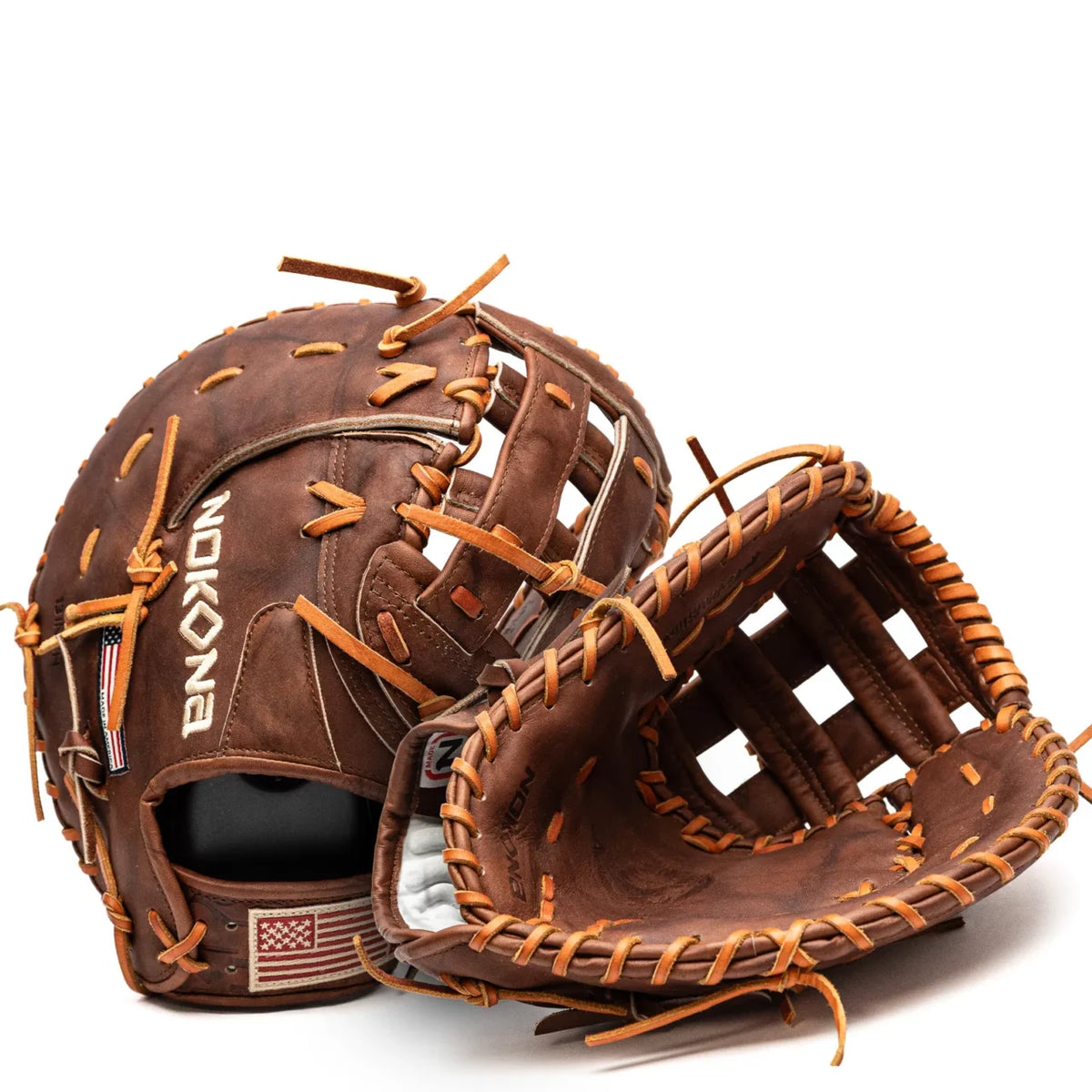 Two Walnut Crunch leather Nokona Walnut EP 13″ First Base Mitt: W-EPN70s with tan lacing.