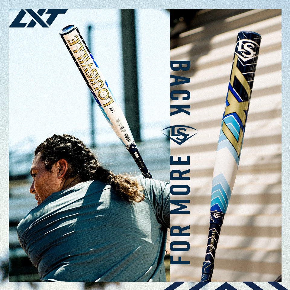 A person with long hair swings a white and blue Louisville Slugger LXT softball bat. The bat is shown in action and in a close-up, with text reading BACK FOR MORE.