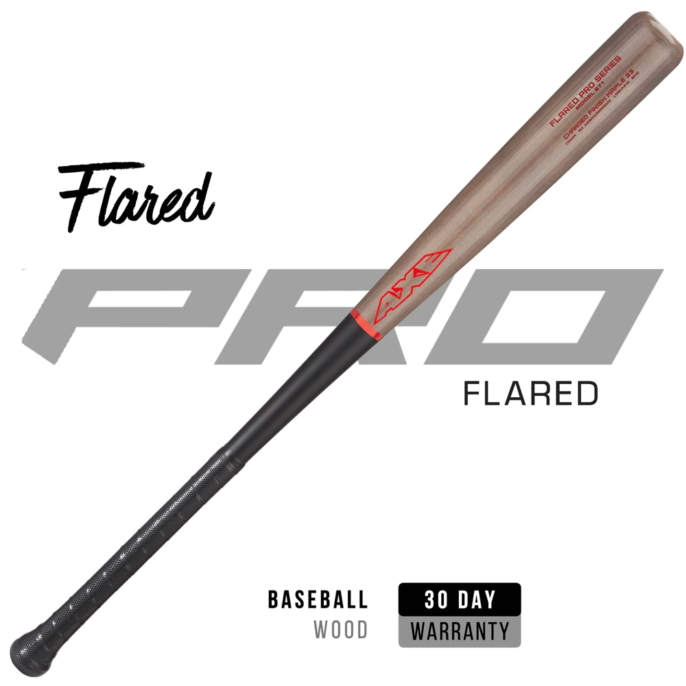 The AXE Flared Pro Series Maple Wood Baseball Bat: L124K-FLR features a pro flared handle, black grip, and red AXE logo. Text includes "Flared," "PRO," "BASEBALL WOOD," and "30 DAY WARRANTY" on a white background.