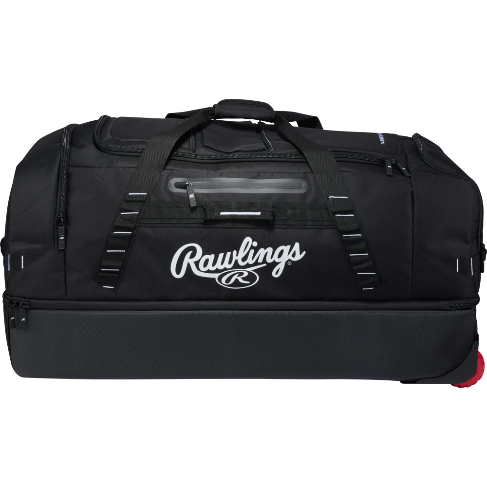 Black Rawlings Yadi 2 Luggage Wheeled Catcher’s Bag with multiple zippered compartments and handles.