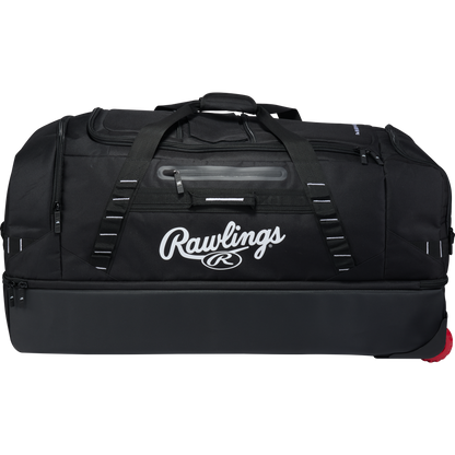 Black Rawlings Yadi 2 Luggage Wheeled Catcher’s Bag with multiple zippered compartments and handles.