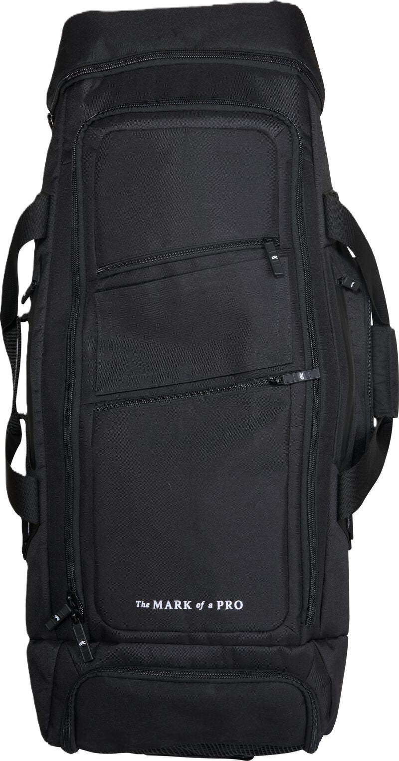 Black Rawlings Yadi 2 Luggage Wheeled Catcher’s Bag: YADI2LUGG with multiple zippered compartments and the text The MARK of a PRO printed near the bottom.