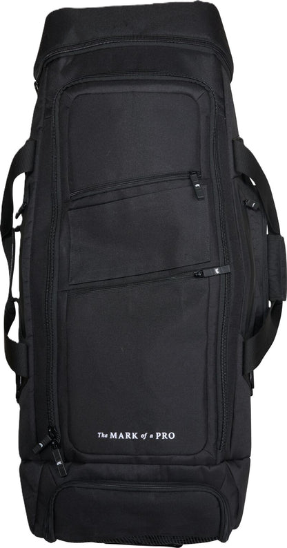 Black Rawlings Yadi 2 Luggage Wheeled Catcher’s Bag: YADI2LUGG with multiple zippered compartments and the text The MARK of a PRO printed near the bottom.