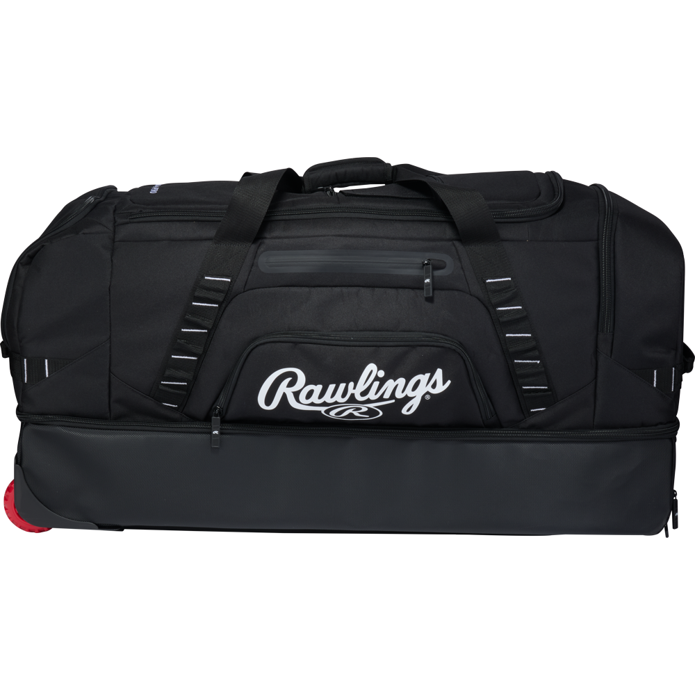 Black Rawlings Yadi 2 Luggage Wheeled Catcher’s Bag: YADI2LUGG with top handles, a main compartment, and a separate bottom section.
