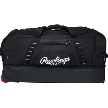 Black Rawlings Yadi 2 Luggage Wheeled Catcher’s Bag: YADI2LUGG with top handles, a main compartment, and a separate bottom section.