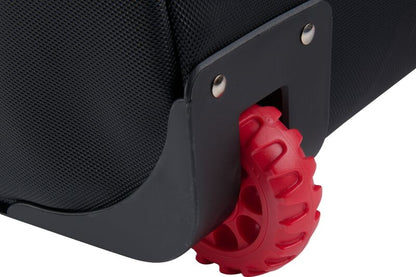 Close-up of a black Rawlings Yadi 2 Luggage Wheeled Catcher’s Bag: YADI2LUGG, featuring a distinctive red lugged wheel.
