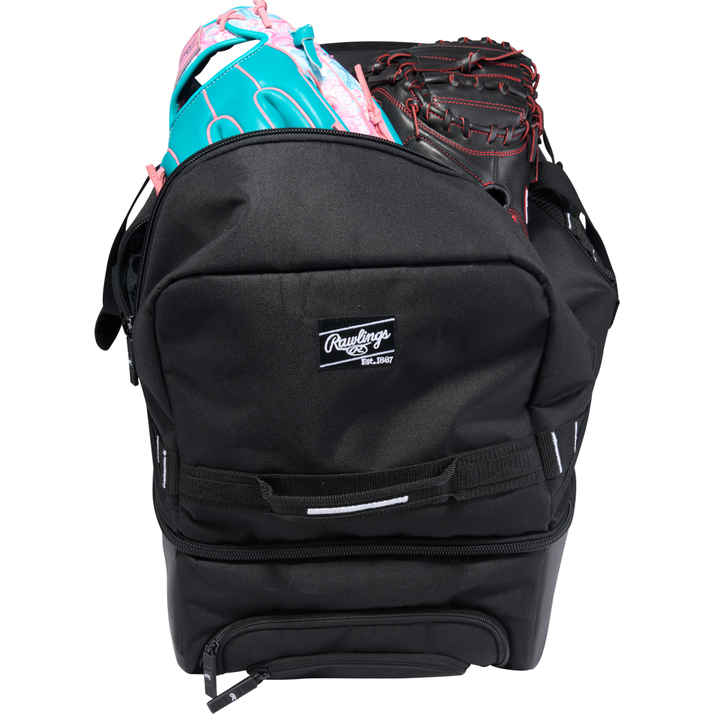 Black Rawlings Yadi 2 Luggage Wheeled Catcher’s Bag with a baseball glove and a catcher’s mitt stored inside the main compartment.