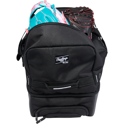 Black Rawlings Yadi 2 Luggage Wheeled Catcher’s Bag with a baseball glove and a catcher’s mitt stored inside the main compartment.