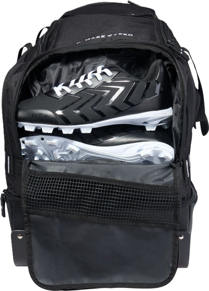 A black Rawlings Yadi 2 Luggage Wheeled Catcher’s Bag: YADI2LUGG with an open compartment containing a pair of black and white baseball cleats.