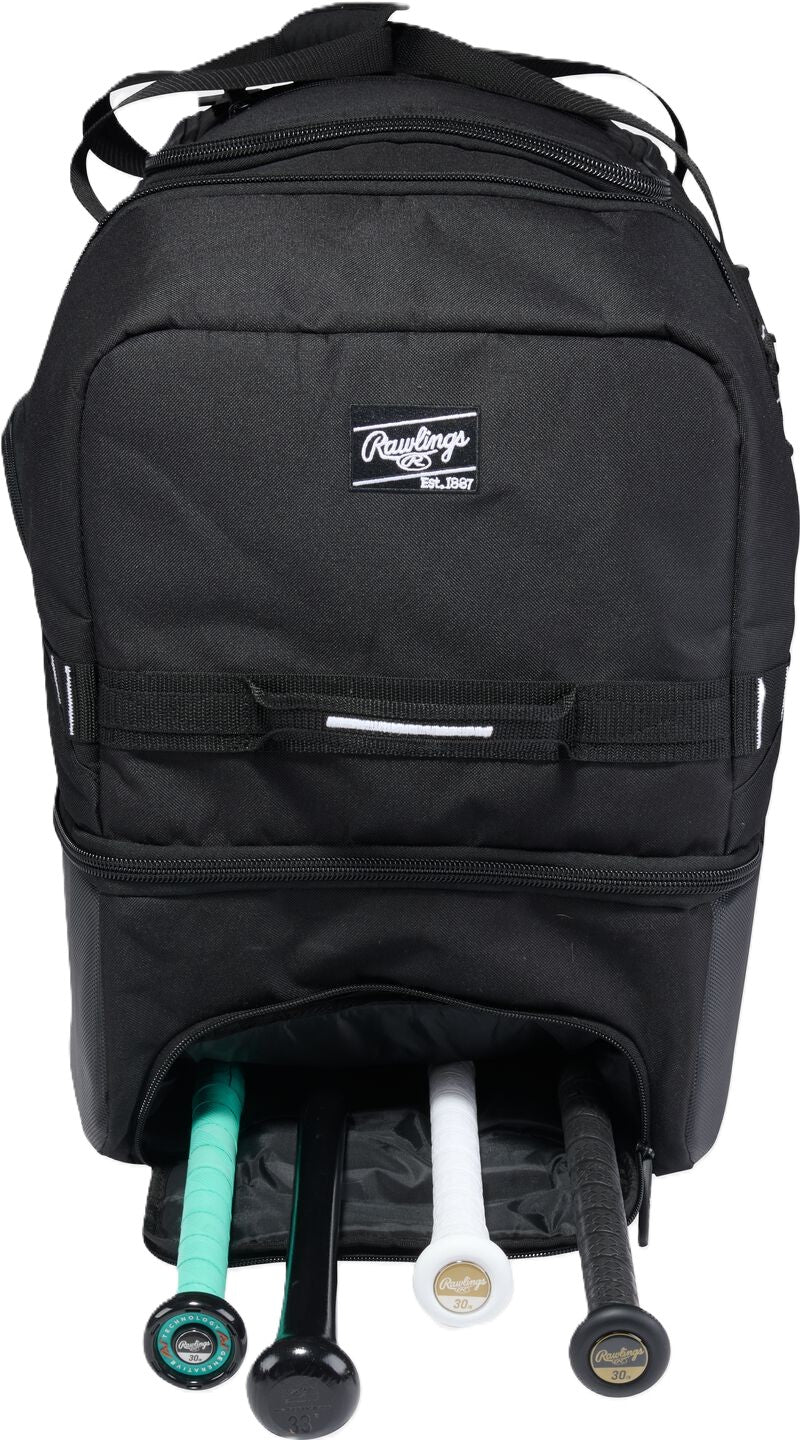 Black Rawlings Yadi 2 Luggage Wheeled Catcher’s Bag with four baseball bats stored in the bottom compartment.