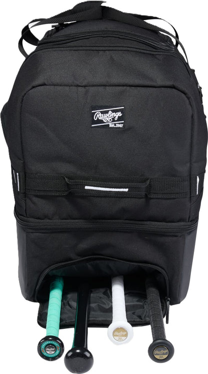 Black Rawlings Yadi 2 Luggage Wheeled Catcher’s Bag with four baseball bats stored in the bottom compartment.