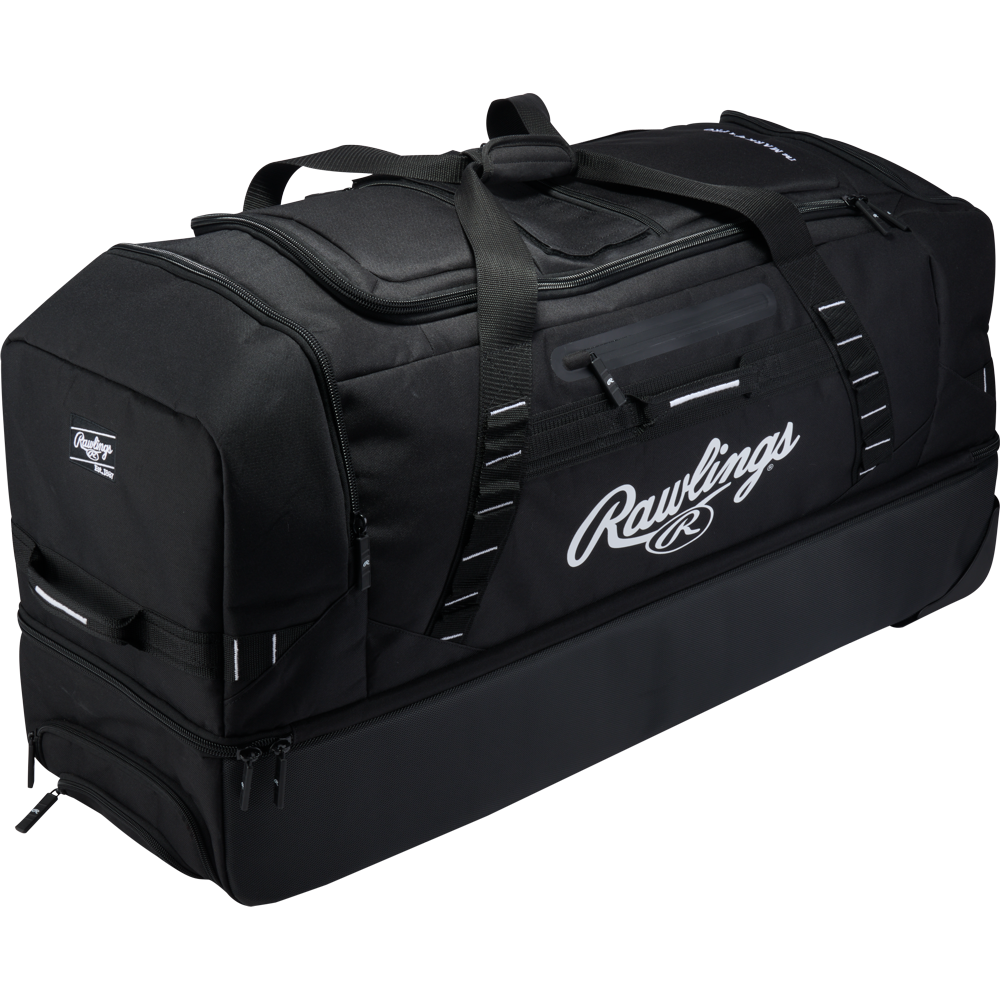 Black wheeled Rawlings Yadi 2 Luggage Wheeled Catcher’s Bag: YADI2LUGG featuring multiple zippered compartments and carrying handles.