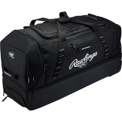 Black wheeled Rawlings Yadi 2 Luggage Wheeled Catcher’s Bag: YADI2LUGG featuring multiple zippered compartments and carrying handles.
