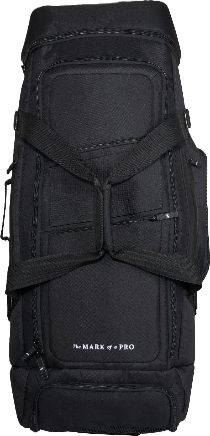 Black Rawlings Yadi 2 Luggage Wheeled Catcher’s Bag with multiple zippered pockets, carry straps, and the text The MARK of a PRO at the base.