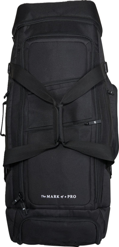 Black Rawlings Yadi 2 Luggage Wheeled Catcher’s Bag with multiple zippered pockets, carry straps, and the text The MARK of a PRO at the base.