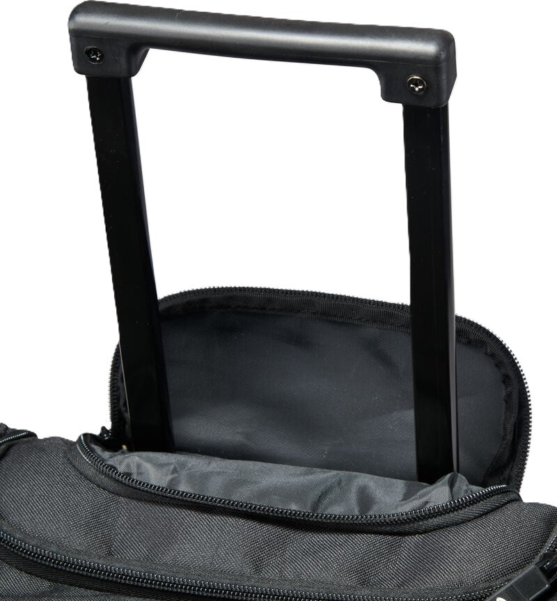 Extended telescopic handle on a black Rawlings Yadi 2 Luggage Wheeled Catcher’s Bag: YADI2LUGG.