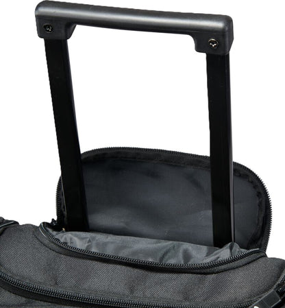 Extended telescopic handle on a black Rawlings Yadi 2 Luggage Wheeled Catcher’s Bag: YADI2LUGG.