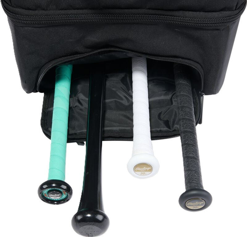 Four baseball bats stored in the external pocket of a black Rawlings Yadi 2 Luggage Wheeled Catcher’s Bag: YADI2LUGG.