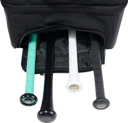 Four baseball bats stored in the external pocket of a black Rawlings Yadi 2 Luggage Wheeled Catcher’s Bag: YADI2LUGG.
