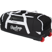 The Rawlings Yadi 2 Wheeled Catcher's Bag (YADI2WHBG) is a large black and white equipment bag with a top handle, side pockets, and red gear-style wheels, perfect for easily transporting athletic gear.