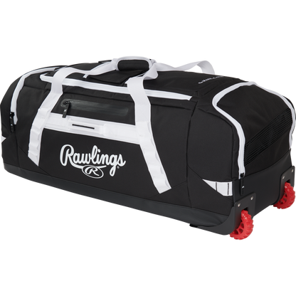 The Rawlings Yadi 2 Wheeled Catcher's Bag (YADI2WHBG) is a large black and white equipment bag with a top handle, side pockets, and red gear-style wheels, perfect for easily transporting athletic gear.