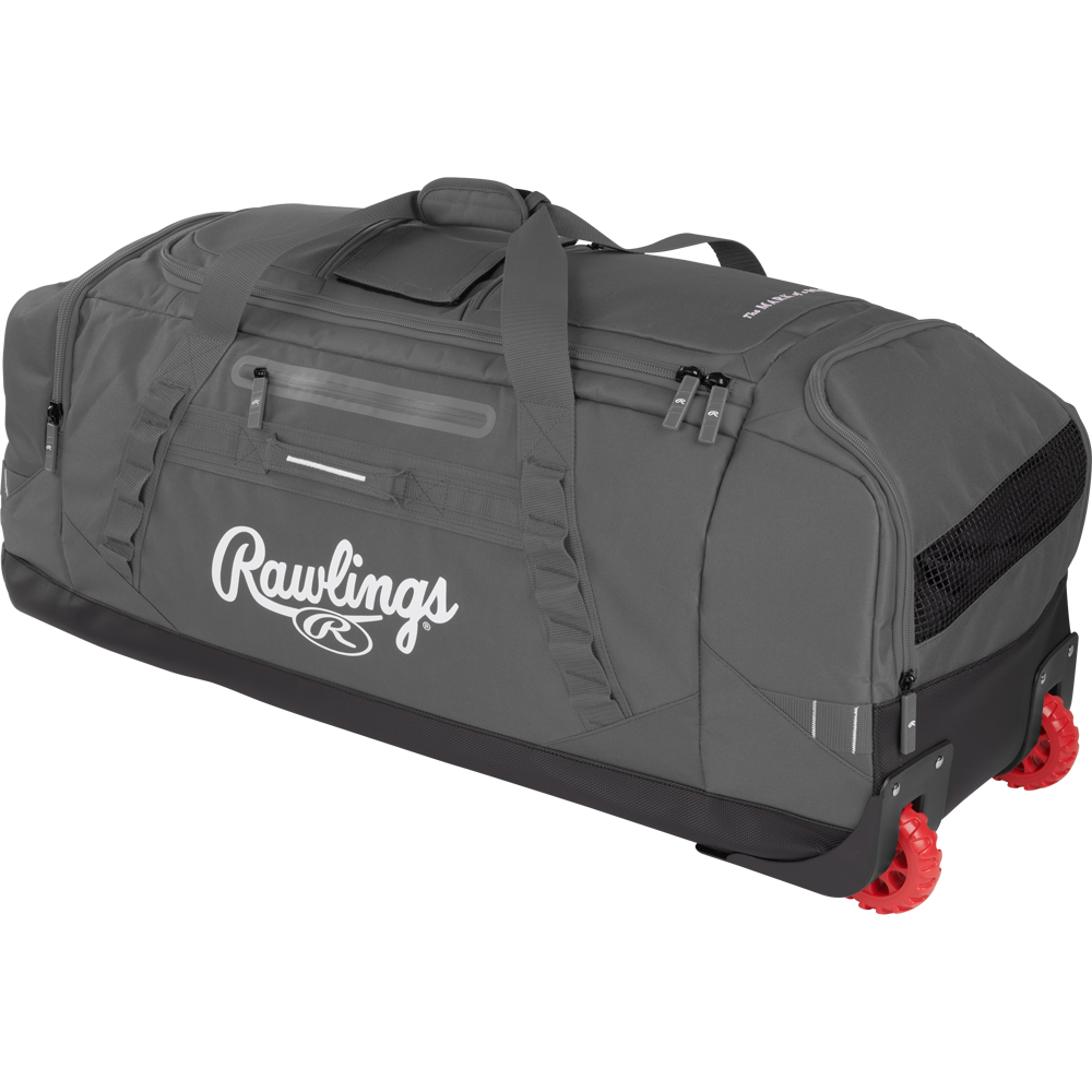 The Rawlings Yadi 2 Wheeled Catcher's Bag (YADI2WHBG) is a large gray equipment bag with black accents, a top handle, multiple zippered compartments, and two red wheels on one end for easy rolling.