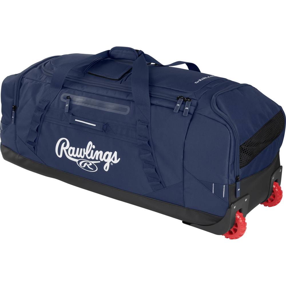 The Rawlings Yadi 2 Wheeled Catcher's Bag (YADI2WHBG) is a large navy blue bag with black accents, side handles, a clear name slot, and two red wheels for easy rolling.