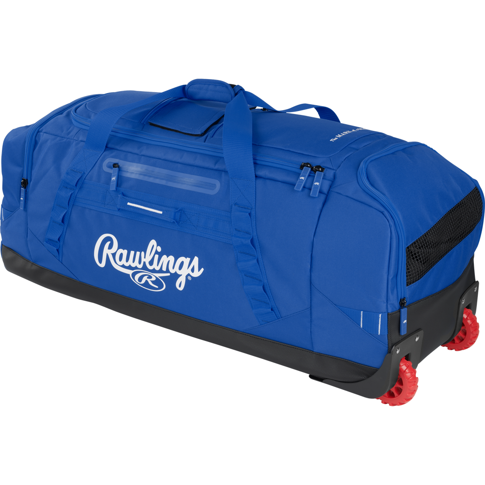 The Rawlings Yadi 2 Wheeled Catcher's Bag (YADI2WHBG) in royal features handles, side pockets, a clear ID slot, and red wheels on one end for easy transport.