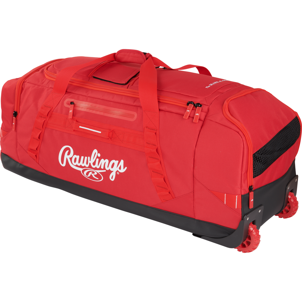The Rawlings Yadi 2 Wheeled Catcher's Bag (YADI2WHBG) in scarlet features two wheels, side and top handles, zipper compartments, and black accents—ideal for carrying all your baseball gear.